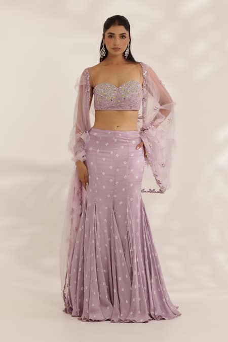 Manisha Soni Couture Lavender Net, Silk Satin Sequins, Beads Round Neck Hand Embroidered Lehenga Set
