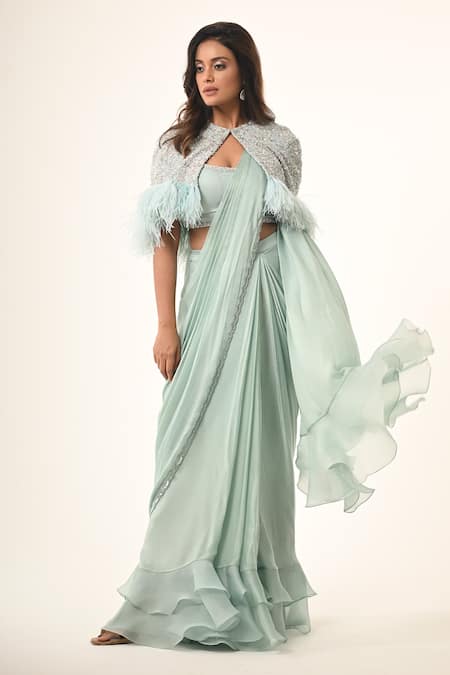 COUTURE BY NIHARIKA Powder Blue Pre-Draped Saree Set 