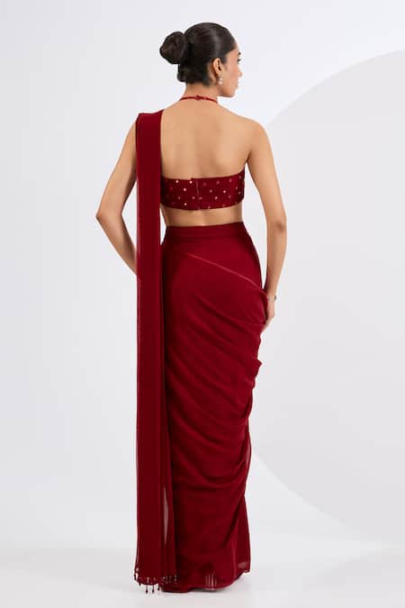 Shop Neha Khullar Red Crepe, Viscose Georgette Mirrors, Deep Designer Cape And Draped Skirt Set at Aza Fashions Shop_Neha Khullar_Red Crepe, Viscose Georgette Mirrors, Deep Designer Cape And Draped Skirt Set _at_Aza_Fashions