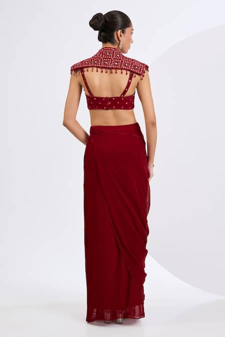 Buy Neha Khullar Red Crepe, Viscose Georgette Mirrors, Deep Designer Cape And Draped Skirt Set Online at Aza Fashions Buy_Neha Khullar_Red Crepe, Viscose Georgette Mirrors, Deep Designer Cape And Draped Skirt Set _Online_at_Aza_Fashions