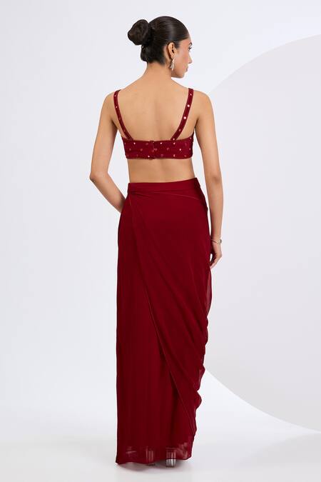 Neha Khullar Red Crepe, Viscose Georgette Mirrors, Deep Designer Cape And Draped Skirt Set at Aza Fashions Neha Khullar_Red Crepe, Viscose Georgette Mirrors, Deep Designer Cape And Draped Skirt Set _at_Aza_Fashions