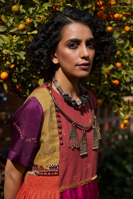 Buy_Medha_Pink Silk Beads Round Neck Multi Color Handcrafted Tunic _Online_at_Aza_Fashions