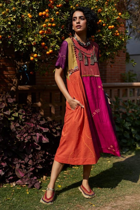 Shop_Medha_Pink Silk Beads Round Neck Multi Color Handcrafted Tunic _Online_at_Aza_Fashions