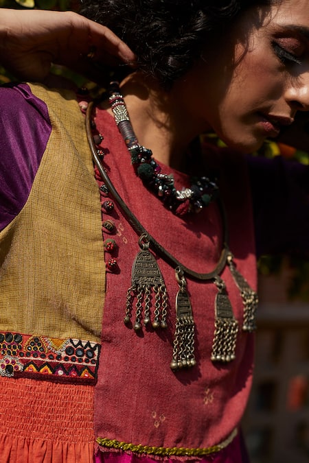 Medha_Pink Silk Beads Round Neck Multi Color Handcrafted Tunic _at_Aza_Fashions