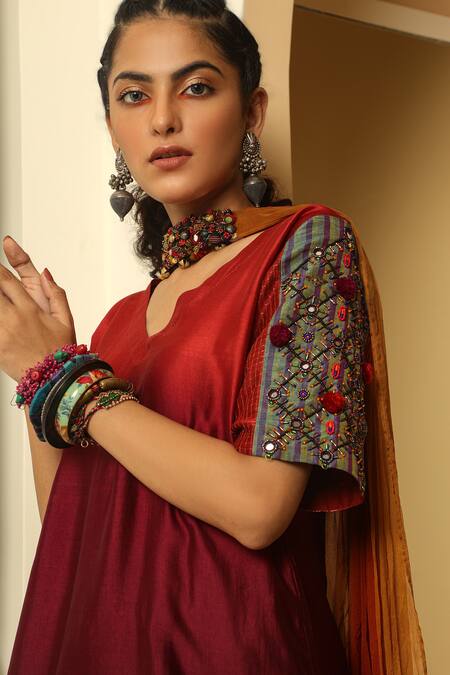 Medha_Orange Chiffon Pom-poms And Mustard Dupatta _Online_at_Aza_Fashions