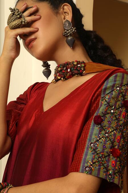 Buy_Medha_Orange Chiffon Pom-poms And Mustard Dupatta _Online_at_Aza_Fashions