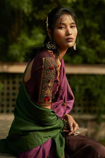 Buy_Medha_Purple Silk Embroidery V-neck And Green Handwoven Saree & Blouse Set _Online_at_Aza_Fashions