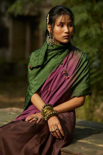 Shop_Medha_Purple Silk Embroidery V-neck And Green Handwoven Saree & Blouse Set _Online_at_Aza_Fashions