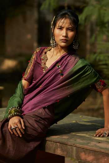 Medha_Purple Silk Embroidery V-neck And Green Handwoven Saree & Blouse Set _at_Aza_Fashions