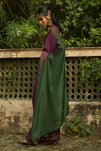 Shop_Medha_Purple Silk Embroidery V-neck And Green Handwoven Saree & Blouse Set 