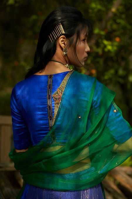 Shop Medha Blue Silk, Tissue, Organza Embroidery Bright And Green Handwoven Chiniya Set at Aza Fashions Shop_Medha_Blue Silk, Tissue, Organza Embroidery Bright And Green Handwoven Chiniya Set _at_Aza_Fashions