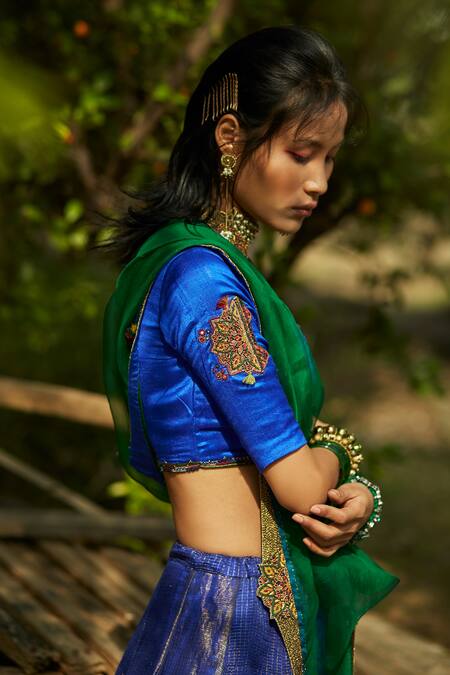 Buy Medha Blue Silk, Tissue, Organza Embroidery Bright And Green Handwoven Chiniya Set Online at Aza Fashions Buy_Medha_Blue Silk, Tissue, Organza Embroidery Bright And Green Handwoven Chiniya Set _Online_at_Aza_Fashions