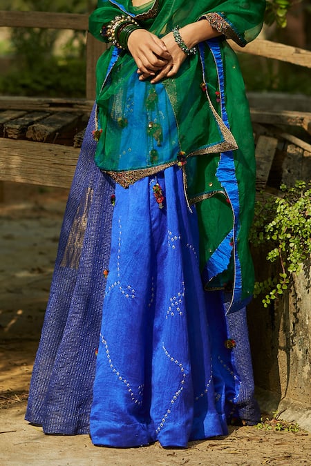 Shop Medha Blue Silk, Tissue, Organza Embroidery Bright And Green Handwoven Chiniya Set Online at Aza Fashions Shop_Medha_Blue Silk, Tissue, Organza Embroidery Bright And Green Handwoven Chiniya Set _Online_at_Aza_Fashions