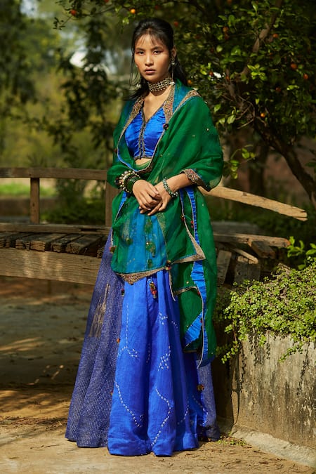 Medha Blue Silk, Tissue, Organza Embroidery Bright And Green Handwoven Chiniya Set 