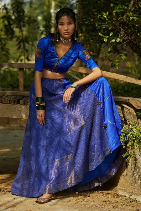 Medha Blue Silk, Tissue, Organza Embroidery Bright And Green Handwoven Chiniya Set at Aza Fashions Medha_Blue Silk, Tissue, Organza Embroidery Bright And Green Handwoven Chiniya Set _at_Aza_Fashions