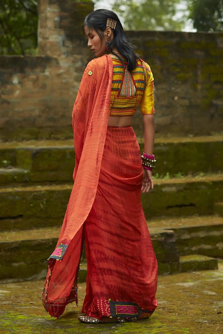 Medha Orange Textured Chiffon Saree Set 