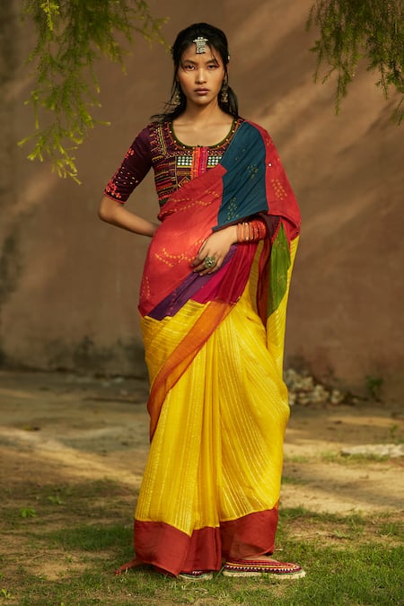 Medha Multi Color Handwoven Chiniya Silk Saree Set 