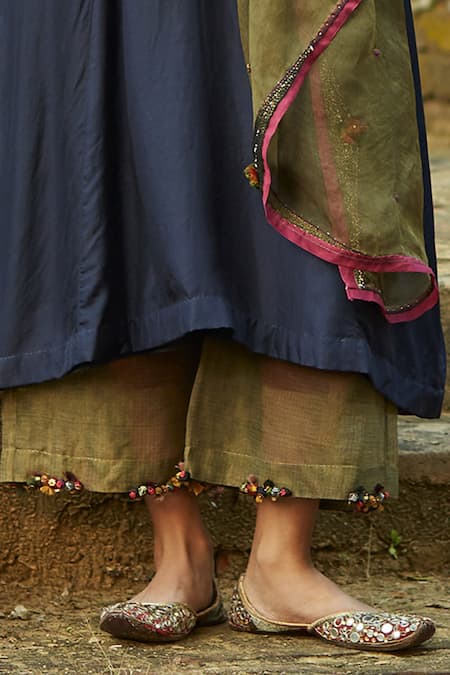 Medha_Blue Silk, Tissue, Organza Embroidery Round Neck Kurta Set With Dupatta _Online_at_Aza_Fashions