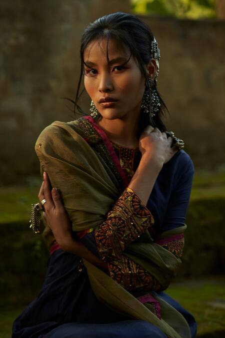 Shop_Medha_Blue Silk, Tissue, Organza Embroidery Round Neck Kurta Set With Dupatta _Online_at_Aza_Fashions