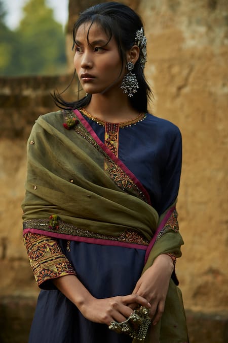 Medha_Blue Silk, Tissue, Organza Embroidery Round Neck Kurta Set With Dupatta _at_Aza_Fashions