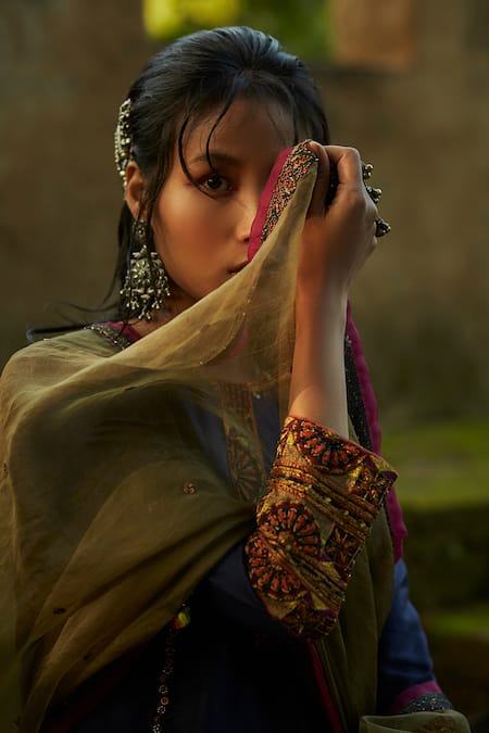 Shop_Medha_Blue Silk, Tissue, Organza Embroidery Round Neck Kurta Set With Dupatta 