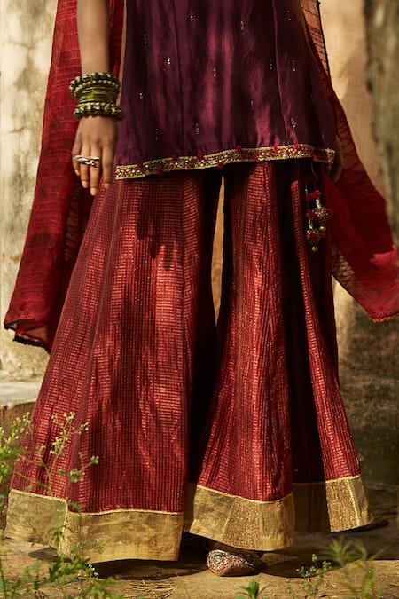 Shop_Medha_Purple Silk, Chiffon Embroidery V-neck And Red Handwoven Tunic Set _Online_at_Aza_Fashions