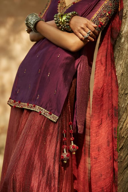 Medha_Purple Silk, Chiffon Embroidery V-neck And Red Handwoven Tunic Set _at_Aza_Fashions