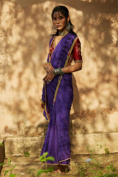 Shop_Medha_Purple Silk, Crepe Embroidery V-neck Saree And Blouse Set _Online_at_Aza_Fashions