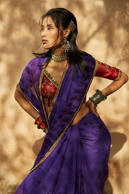 Medha_Purple Silk, Crepe Embroidery V-neck Saree And Blouse Set _at_Aza_Fashions