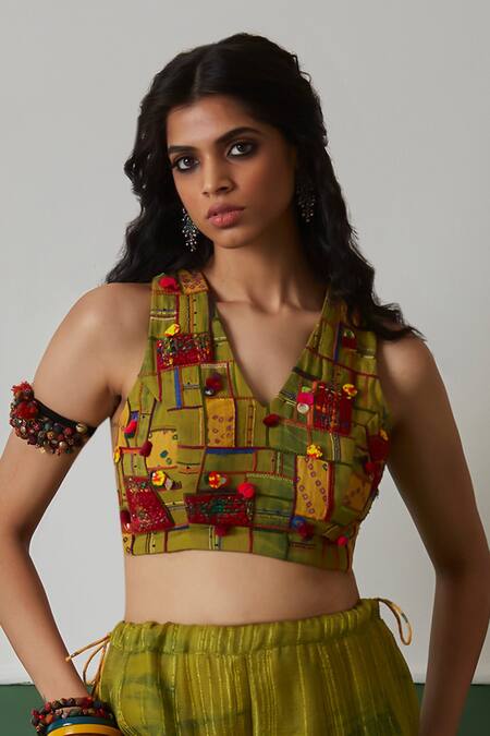 Medha_Green Cotton, Chiffon Embroidery, Beads V-neck Neon Blouse And Palazzo Set _Online_at_Aza_Fashions