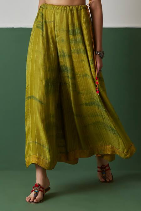 Buy_Medha_Green Cotton, Chiffon Embroidery, Beads V-neck Neon Blouse And Palazzo Set _Online_at_Aza_Fashions