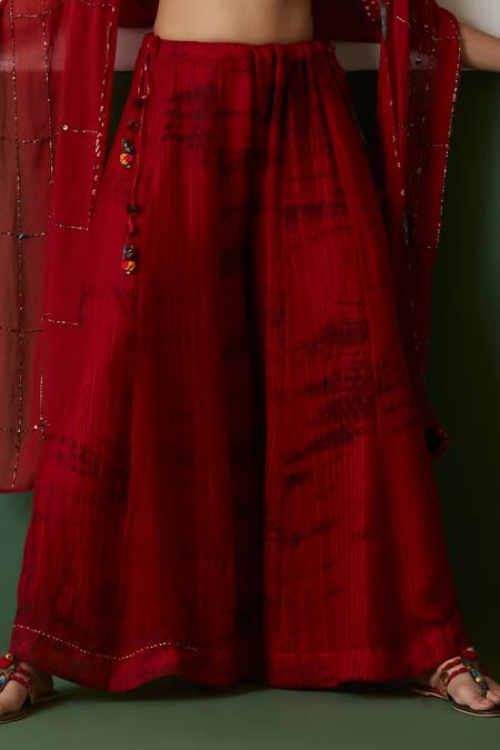 Medha_Red Cotton, Chiffon Embroidery V-neck And Blue Blouse & Palazzo Set _Online_at_Aza_Fashions