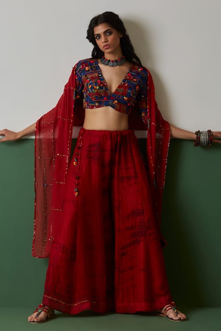 Medha Red Cotton, Chiffon Embroidery V-neck And Blue Blouse & Palazzo Set
