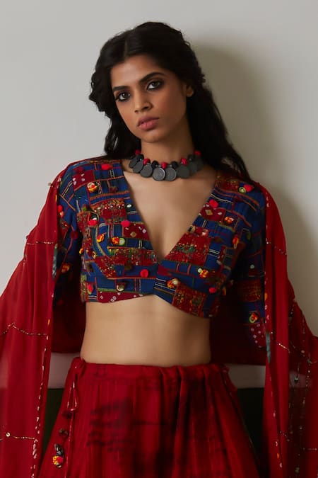 Buy_Medha_Red Cotton, Chiffon Embroidery V-neck And Blue Blouse & Palazzo Set _Online_at_Aza_Fashions