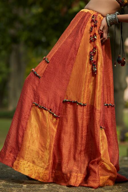 Medha_Orange Cotton, Tissue, Chiffon Beads, Handwoven Chiniya Check Skirt Set _Online_at_Aza_Fashions