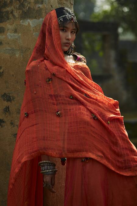Buy_Medha_Orange Cotton, Tissue, Chiffon Beads, Handwoven Chiniya Check Skirt Set _Online_at_Aza_Fashions