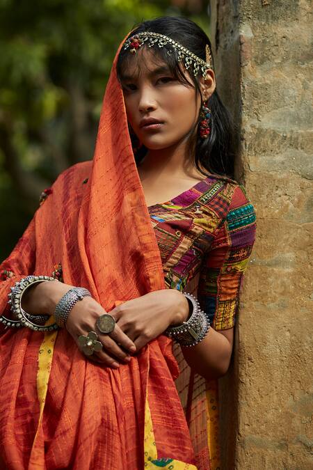 Shop_Medha_Orange Cotton, Tissue, Chiffon Beads, Handwoven Chiniya Check Skirt Set _Online_at_Aza_Fashions