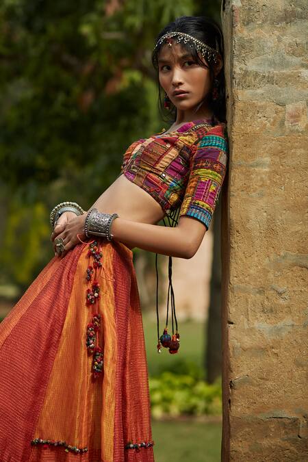 Medha_Orange Cotton, Tissue, Chiffon Beads, Handwoven Chiniya Check Skirt Set _at_Aza_Fashions