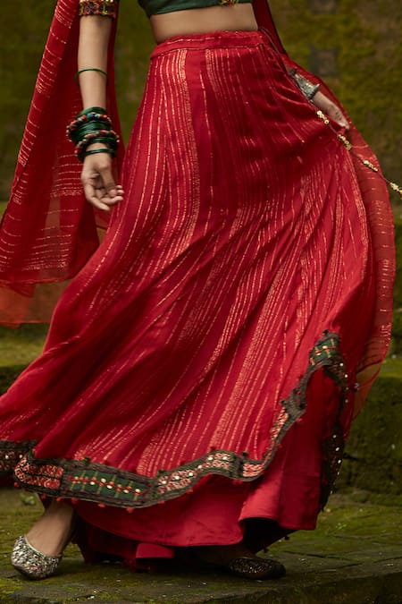 Shop Medha Green Silk, Chiffon Beads, Zari V-neck Red And Handwoven Chaniya Choli Set Online at Aza Fashions Shop_Medha_Green Silk, Chiffon Beads, Zari V-neck Red And Handwoven Chaniya Choli Set _Online_at_Aza_Fashions