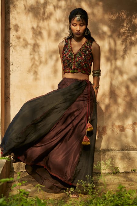 Medha Red Silk Beads, Tassels V-neck Handcrafted Embroidered Skirt Set
