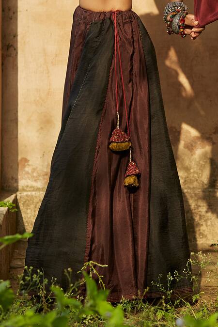 Buy_Medha_Red Silk Beads, Tassels V-neck Handcrafted Embroidered Skirt Set _Online_at_Aza_Fashions