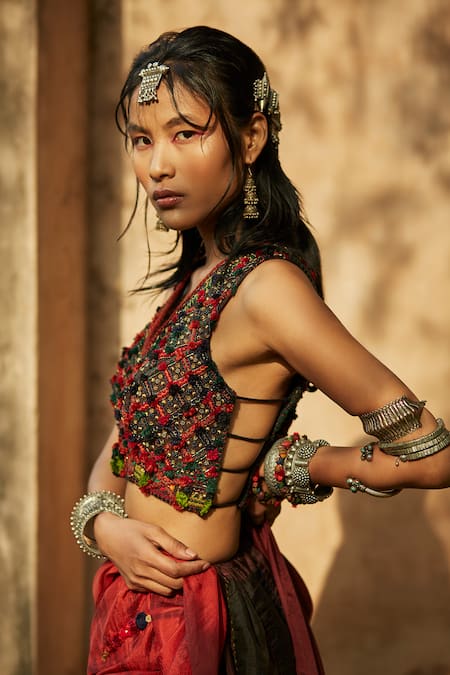 Shop_Medha_Red Silk Beads, Tassels V-neck Handcrafted Embroidered Skirt Set _Online_at_Aza_Fashions