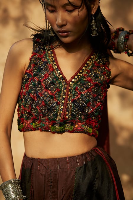 Medha_Red Silk Beads, Tassels V-neck Handcrafted Embroidered Skirt Set _at_Aza_Fashions