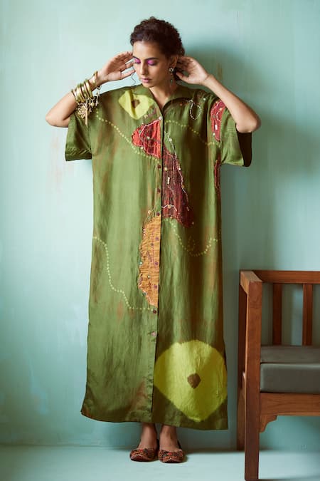 Shop Medha Green Chanderi Embroidery Collared Handcrafted Tunic And Pant Set Online at Aza Fashions Shop_Medha_Green Chanderi Embroidery Collared Handcrafted Tunic And Pant Set _Online_at_Aza_Fashions