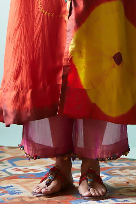 Medha_Orange Silk, Tissue Embroidery Collared Handcrafted Tunic And Pant Set _Online_at_Aza_Fashions