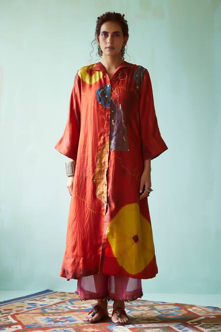 Buy_Medha_Orange Silk, Tissue Embroidery Collared Handcrafted Tunic And Pant Set _Online_at_Aza_Fashions