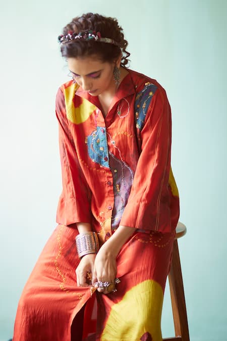 Shop_Medha_Orange Silk, Tissue Embroidery Collared Handcrafted Tunic And Pant Set _Online_at_Aza_Fashions