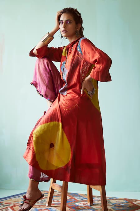 Medha_Orange Silk, Tissue Embroidery Collared Handcrafted Tunic And Pant Set _at_Aza_Fashions