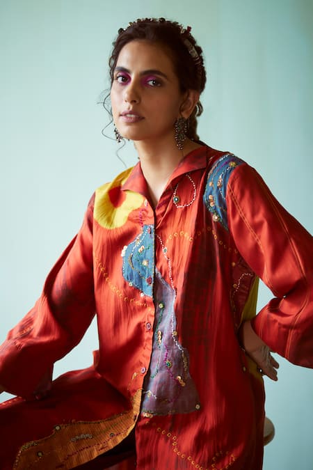 Buy_Medha_Orange Silk, Tissue Embroidery Collared Handcrafted Tunic And Pant Set 