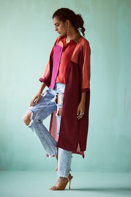 Medha_Multi Color Silk Collared Block Habutai Shirt _Online_at_Aza_Fashions